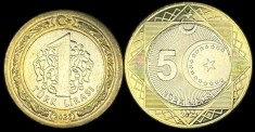 TURCIA Lot 1 + 5 LIRA / LIRE 2023 , Centenary of the Republic of Turkiye , Bimetal , a UNC