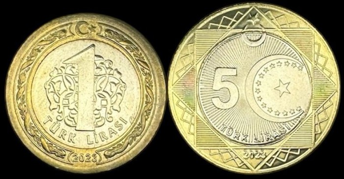 TURCIA Lot 1 + 5 LIRA / LIRE 2023 , Centenary of the Republic of Turkiye , Bimetal , a UNC