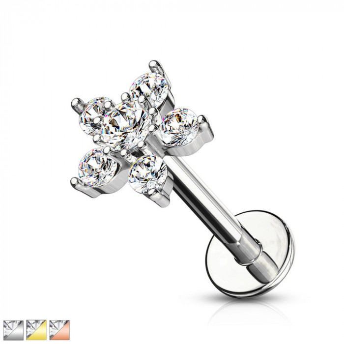 Piercing pentru bărbie, buză sau ureche - floare cu petale de zircon clar, 8 mm - Culoare Piercing: Argintiu