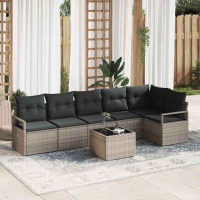 Set de canapea pentru grădină 6 piese cu perne din rattan poliester negru foto