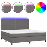 Cumpara ieftin Pat cu arcuri, saltea si LED, gri, 200x200 cm, piele ecologica