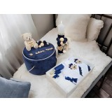 Set Trusou Botez si Lumanare, 9 Piese, cu Ursulet, Albastru, din Catifea - TB245