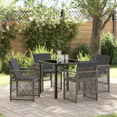 Set dining gradina Gossi cu 5 piese si perne gri ratan poli, masa gradina Gossi neagra 80x80x73 cm sticla temperata foto