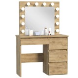 Masa de toaleta Hollywood cu oglinda LED si 4 sertare, stejar craft