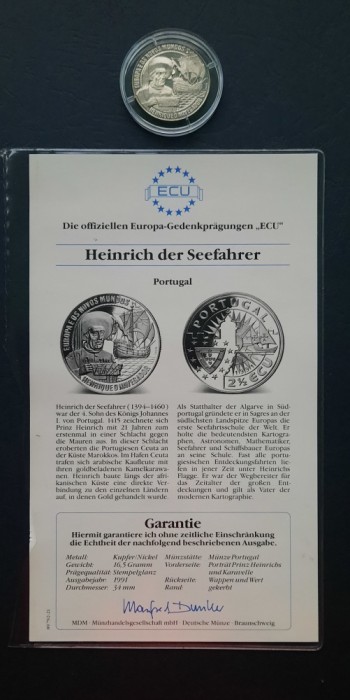 2 1/2 Ecu &quot;Heinrich der Seefahrer&quot; 1991, Portugalia - Proof - A 3481