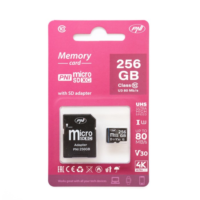 Aproape nou: Card de memorie MicroSD PNI 256GB cu adaptor SD Clasa 10, 80 Mb/s, V30