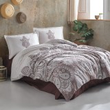 Cumpara ieftin Lenjerie pat dublu,bumbac ranforce,4 piese,alba maro cu motiv oriental,AzkaV2-A1314