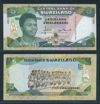 SWAZILAND █ bancnota █ 5 Emalangeni █ 1995 █ P-23 █ UNC █ necirculata foto