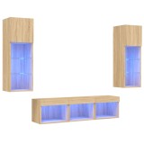 Cumpara ieftin Unitati de perete TV cu LED-uri, 5 piese, stejar sonoma, lemn