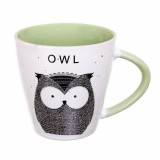 Cana ceramica Pufo Hello Owly, pentru ceai, cafea, suc, 370 ml, alb