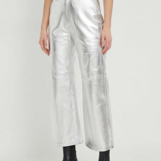 Pepe Jeans pantaloni de piele femei, culoarea argintiu, drept, high waist