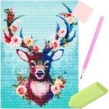Broderie cu diamante colorate, model cerb, set cu accesorii incluse, panza cu adeziv, lipici uscat, dimensiune 30x40 cm