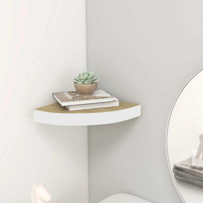 Gossi raft de perete de colt, stejar si alb, 25x25x3,8 cm, mdf