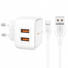 Incarcator Retea cu cablu USB Tip-C XO Design L61, 2 X USB, 2.4A, Alb