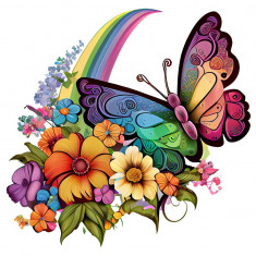 Sticker decorativ, Fluture, Curcubeu si Flori, Multicolor, 68 cm, 1210STK-4