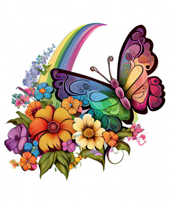 Sticker decorativ, Fluture, Curcubeu si Flori, Multicolor, 68 cm, 1210STK-4 foto