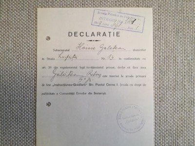 1939, Declarație Școala etatizată a Comunități evreiești/ Instrucțiunea-Goldfarb foto