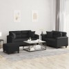 VidaXL Set de canapele cu perne, 3 piese, negru, piele ecologică