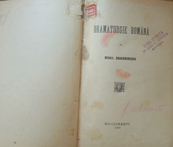 DRAMATURGIE ROMANA - MIHAIL DRAGOMIRESCU, 1905