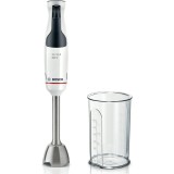Mixer vertical Bosch ErgoMaster MSM4W410, 800 W, cutit 4 lame si functie antisplash, cuplaj ceramic, picior mixare inoxidabil, pahar de masurare, Alb/