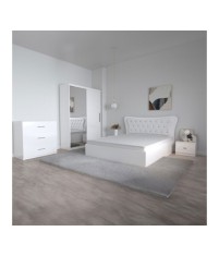 Dormitor Dante, 5 Piese, Pat 160 X 200, 2Noptiere, Dulap usi glisante cu oglinda, Comoda Alice Alb, Culoare Alb