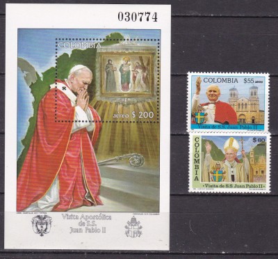 Columbia 1986 Vizita Papei MI 1674-1675 + bl.39 MNH foto