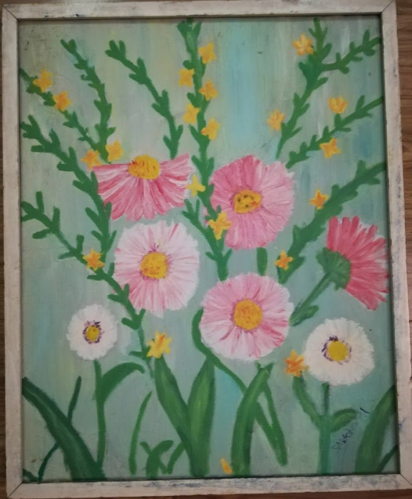 Tablou flori, ulei pe panza, 50x40 semnat, cu rama