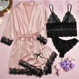 Cumpara ieftin Set Pijama de Dama 4 Piese din Satin, Culoare Roz cu Negru - ANI117