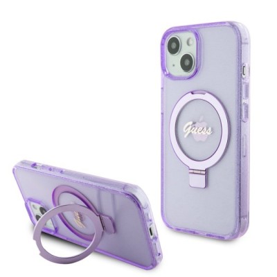 Husa pentru iPhone 15 Plus / iPhone 14 Plus - Guess Ring Stand Script Glitter MagSafe (GUHMP15MHRSGSU) - Purple foto