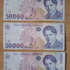 Romania 50.000 ( 50000 ) Lei 1996 UNC , lot 3 bucati . George Enescu