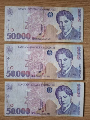 Romania 50.000 ( 50000 ) Lei 1996 UNC , lot 3 bucati . George Enescu foto
