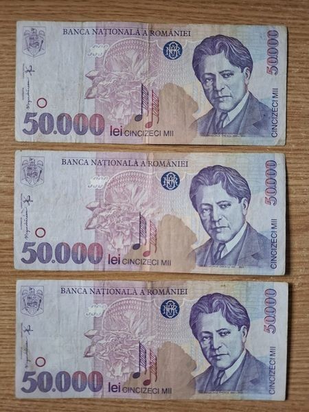 Romania 50.000 ( 50000 ) Lei 1996 , lot 3 bucati ft frumoase . George Enescu