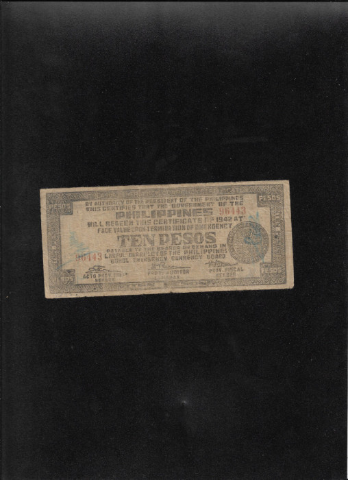 Rar! Filipine Philippines Bohol 10 pesos 1942 seria96443 semnata de mana