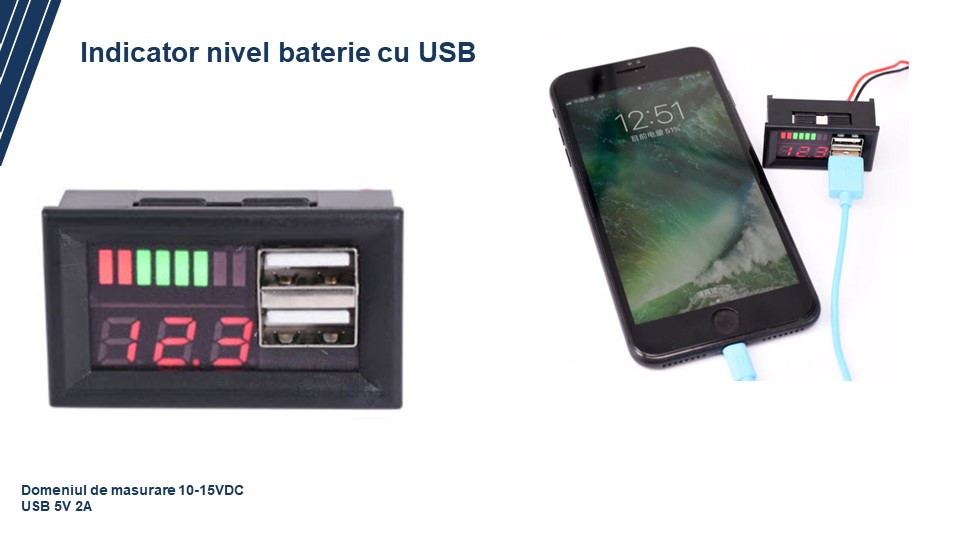 Indicator nivel incarcare baterie cu USB 12V | Okazii.ro
