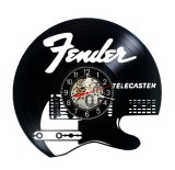 Ceas de perete decorativ realizat din disc de vinil, Model Chitara Fender Telecaster Muzica Rock, Negru, 30 cm