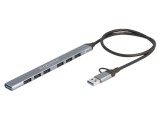 Hub USB cu 7 porturi, USB A și USB C, argintiu, 0,5 m