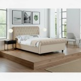 Pat 140x200 Crem Tapitat Catifea, Somiera Inclusa, Design Modern, Dormitor Elegant