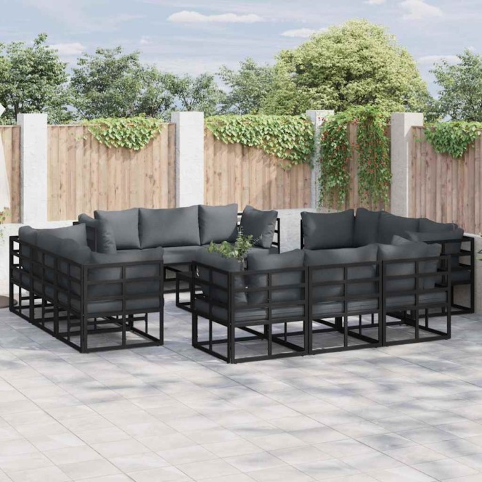 vidaXL Set de canapele pentru grădină cu pernă 13 pcs Negru Aluminiu 3378845