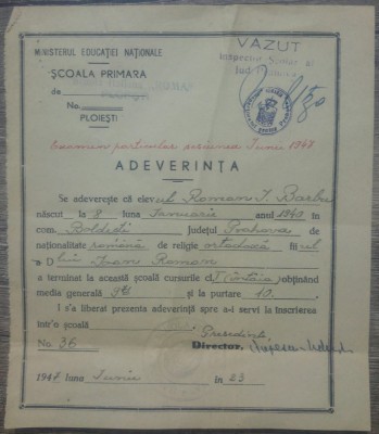Adeverinta absolvire clasa I/ Scuola Italiana Roma Ploesti 1947 foto