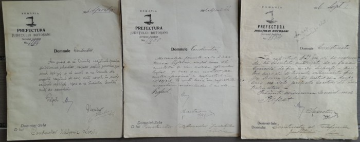 1906 Lot de 3 doc Prefectura Botoșani / semnate pref Ilie Văsescu / telefonie