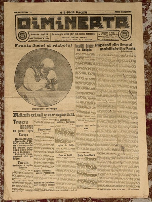 DIMINEATA,SAMBATA 30 AUGUST 1914/FRANZ JOSEF si RAZBOIUL(imparatul se roaga)/ZIAR COMPLET,POZE