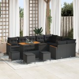 Set Canapea Grădină vidaXL cu 13 Piese cu Pernă Negru Poli Ratan Acacia, Set de Dining Grădină vidaXL cu 4 Piese cu Pernă Negru Poli Ratan Acacia