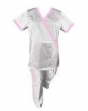 Costum Medical Pe Stil, Alb cu Elastan cu Garnitură roz si pantaloni cu dungă roz, Model Marinela - XS, M