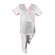 Costum Medical Pe Stil, Alb cu Elastan cu Garnitură roz si pantaloni cu dungă roz, Model Marinela - 2XL, S