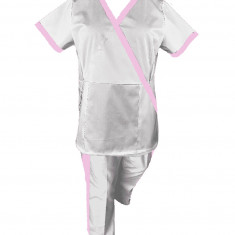 Costum Medical Pe Stil, Alb cu Elastan cu Garnitură roz si pantaloni cu dungă roz, Model Marinela - S, S