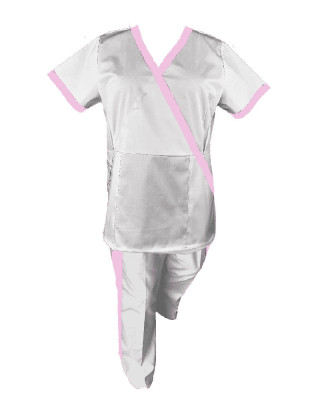Costum Medical Pe Stil, Alb cu Elastan cu Garnitură roz si pantaloni cu dungă roz, Model Marinela - 3XL, 3XL foto