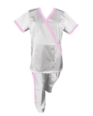 Costum Medical Pe Stil, Alb cu Elastan cu Garnitură roz si pantaloni cu dungă roz, Model Marinela - M, 4XL foto