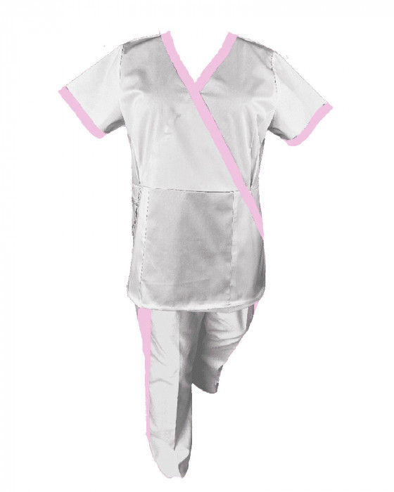 Costum Medical Pe Stil, Alb cu Elastan cu Garnitură roz si pantaloni cu dungă roz, Model Marinela - 3XL, 3XL