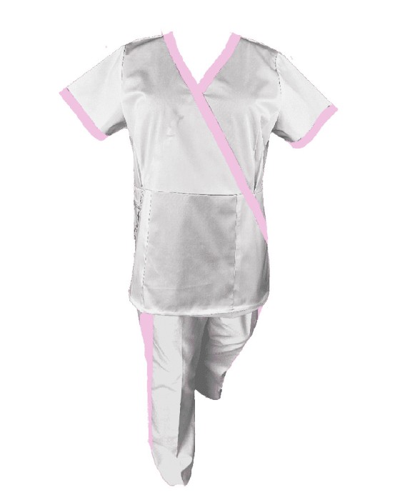 Costum Medical Pe Stil, Alb cu Elastan cu Garnitură roz si pantaloni cu dungă roz, Model Marinela - 3XL, XL