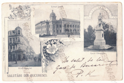 2450 - BUCURESTI, Statue &amp;amp; High School LAZAR, Litho - old postcard - used - 1899 foto